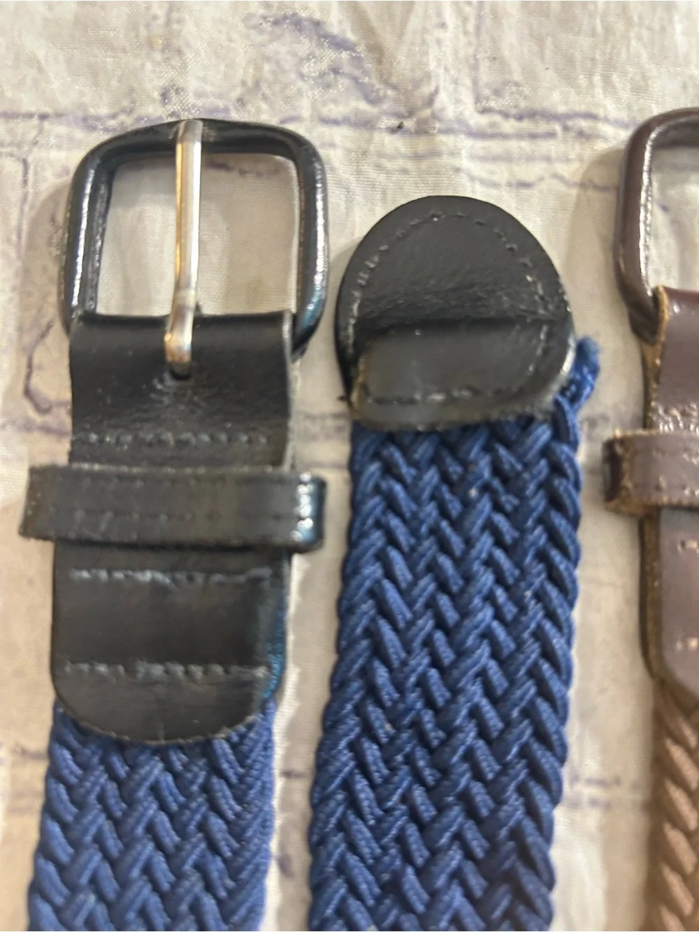 VINTAGE BROWN AND NAVY WITH LEATHER COVERED BUCKLES MEN STRETCH BELTS